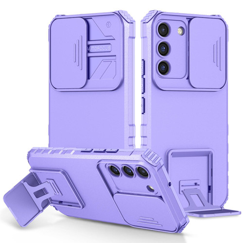 For Samsung Galaxy S22 5G Stereoscopic Holder Sliding Camshield Phone Case(Purple)