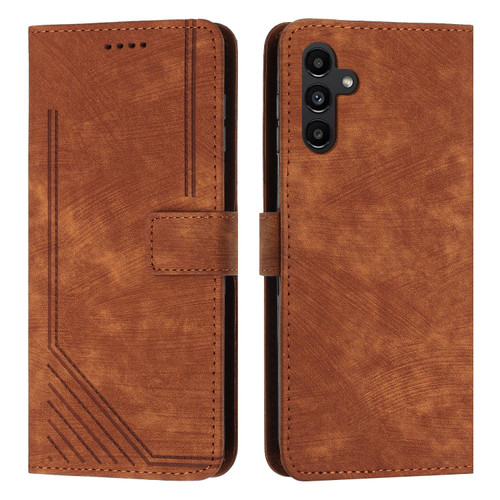 For Samsung Galaxy A15 Skin Feel Stripe Pattern Leather Phone Case with Lanyard(Brown)