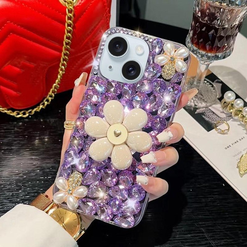 For iPhone 15 Plus Sunflower Holder Hand-set Diamond PC Phone Case(Purple)