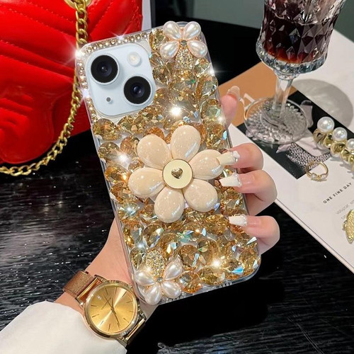 For iPhone 14 Plus Sunflower Holder Hand-set Diamond PC Phone Case(Gold)