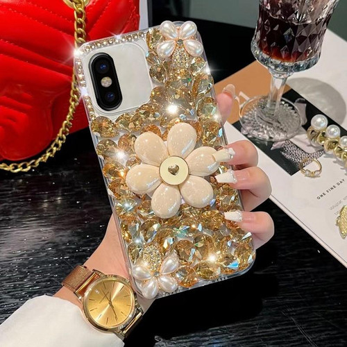 For iPhone X / XS Sunflower Holder Hand-set Diamond PC Phone Case(Gold)