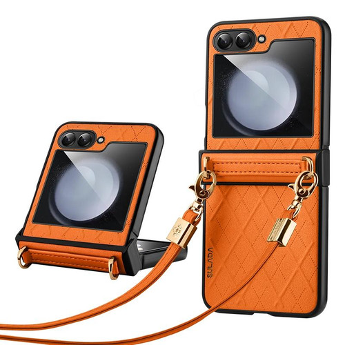 For Samsung Galaxy Z Flip3 5G SULADA Elegant Rhombic Texture Folding Phone Case with Lanyard(Orange)