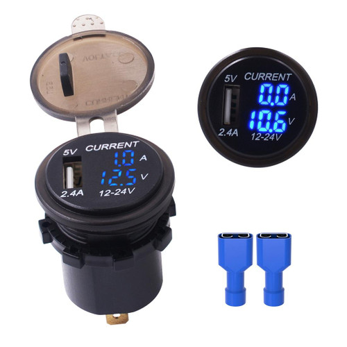 Universal Car Single Port USB Charger Power Outlet Adapter 2.4A 5V IP66 with LED Digital Voltmeter + Ammeter(Blue Light) Universal Car Single Port USB Charger Power Outlet Adapter 2.4A 5V IP66 with LED Digital Voltmeter + Ammeter(Blue Light)