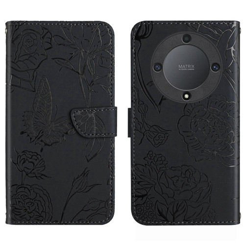 For Honor X9b HT03 Skin Feel Butterfly Embossed Flip Leather Phone Case(Black)