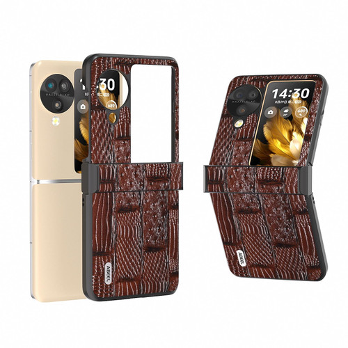 For OPPO Find N3 Flip ABEEL Hinge Genuine Leather Mahjong Pattern Black Edge Phone Case(Brown)