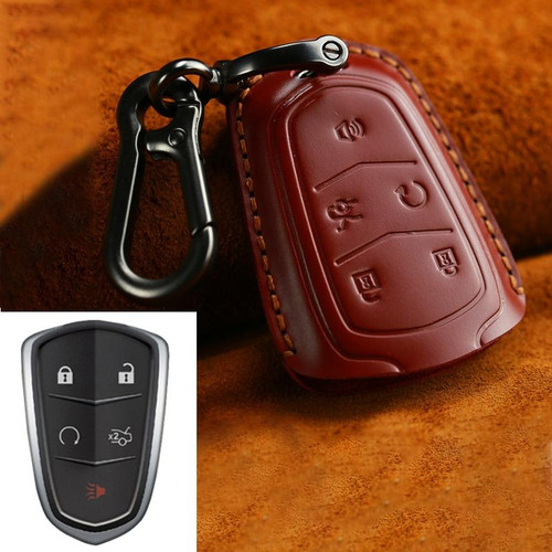 For Cadillac Car Cowhide Leather Key Protective Cover Key Case, Five Keys Version (Red)