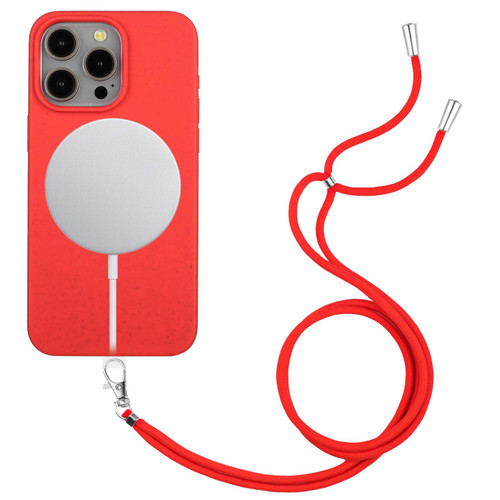 For iPhone 11 Pro Wheat MagSafe Magnetic Straw Material + TPU Phone Case with Lanyard(Red)