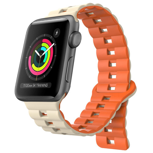 For Apple Watch Series 3 42mm Reverse Buckle Two Color Magnetic Silicone Watch Band(Starlight+Orange)