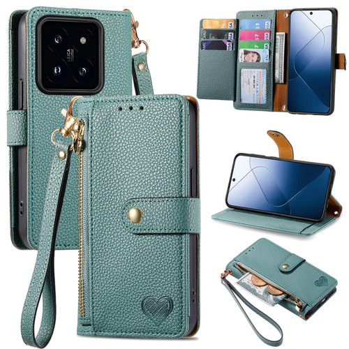 For Xiaomi 14pro Love Zipper Lanyard Leather Phone Case(Green)