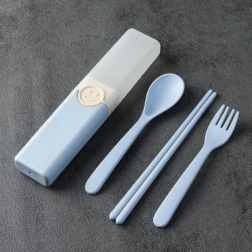 4 In 1 Portable Wheat Straw Tableware Set Outdoor Travel Storage Tableware Box, Style: B With Chopsticks (Blue)