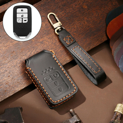 Hallmo Car Cowhide Leather Key Protective Cover Key Case for Honda 4-button(Black)