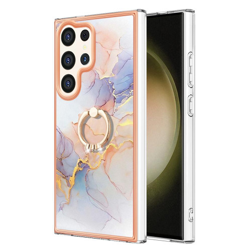 For Samsung Galaxy S24 Ultra 5G Electroplating Pattern IMD TPU Shockproof Case with Rhinestone Ring Holder(Milky Way White Marble)
