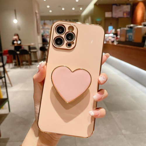 For iPhone 13 Pro Max Electroplating Love Heart Holder TPU Phone Case(Pink)