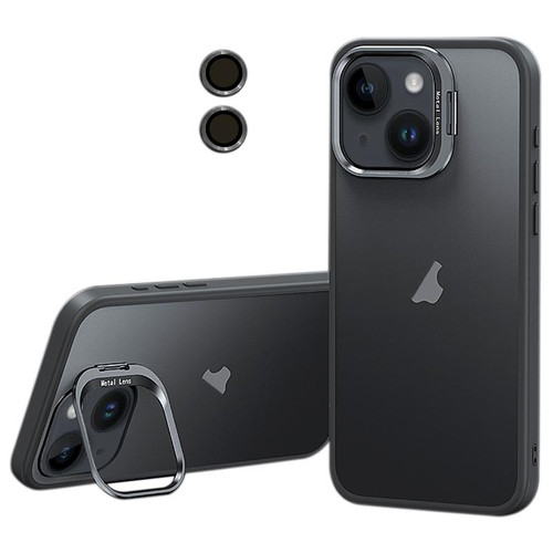 For iPhone 14 Plus Lens Holder Frosted Phone Case(Grey)