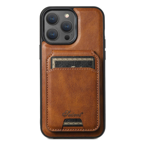 For iPhone 15 Suteni H15 MagSafe Oil Eax Leather Detachable Wallet Back Phone Case(Brown)