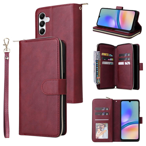 For Samsung Galaxy A05s 9 Card Slots Zipper Wallet Bag Leather Phone Case(Wine Red)