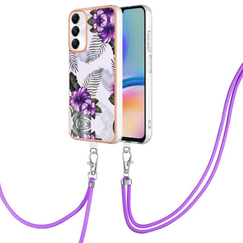 For Samsung Galaxy A05s Electroplating IMD TPU Phone Case with Lanyard(Purple Flower)