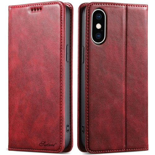 For iPhone X / XS Suteni J02 Oil Wax Wallet Leather Phone Case(Red)