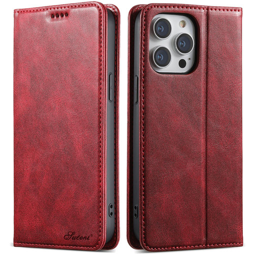 For iPhone 14 Pro Max Suteni J02 Oil Wax Wallet Leather Phone Case(Red)