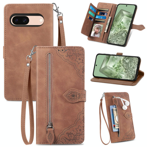 For Google Pixel 7 Pro Embossed Flower Zipper Leather Phone Case(Brown) For Google Pixel 7 Pro Embossed Flower Zipper Leather Phone Case(Brown)