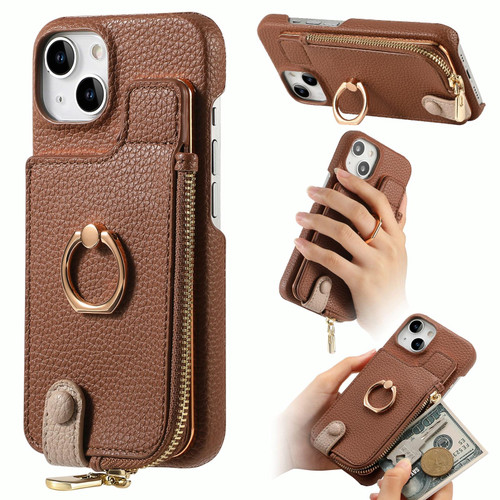 For iPhone 14 Plus Litchi Leather Oil Edge Ring Zipper Wallet Back Phone Case(Brown)