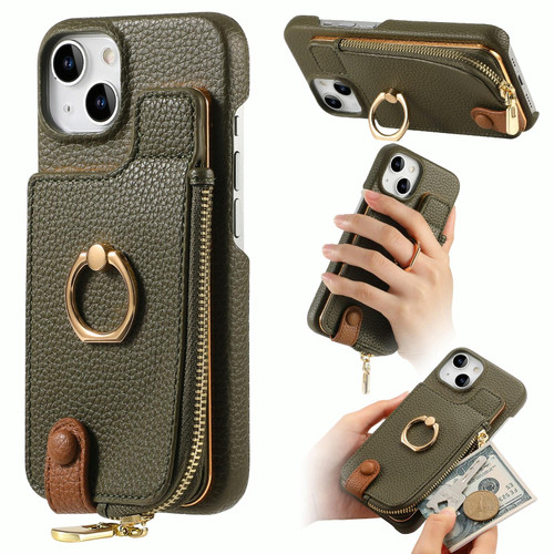 For iPhone 14 Plus Litchi Leather Oil Edge Ring Zipper Wallet Back Phone Case(Green)