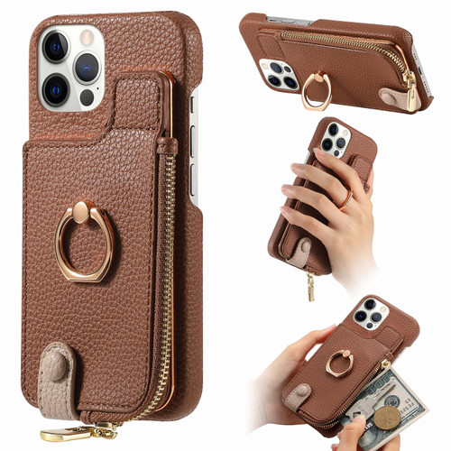 For iPhone 12 Pro Litchi Leather Oil Edge Ring Zipper Wallet Back Phone Case(Brown)