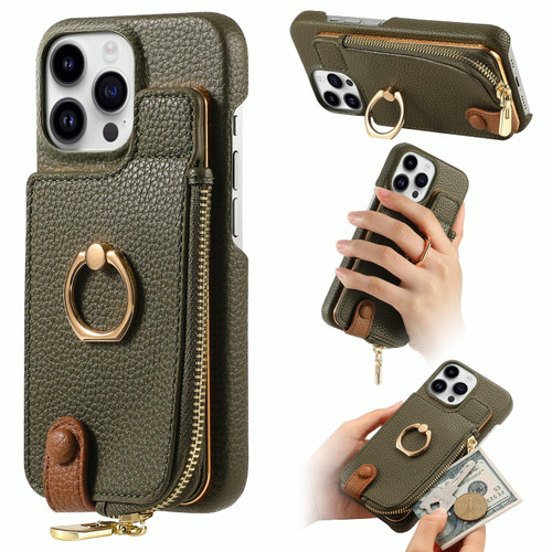 For iPhone 14 Pro Max Litchi Leather Oil Edge Ring Zipper Wallet Back Phone Case(Green)