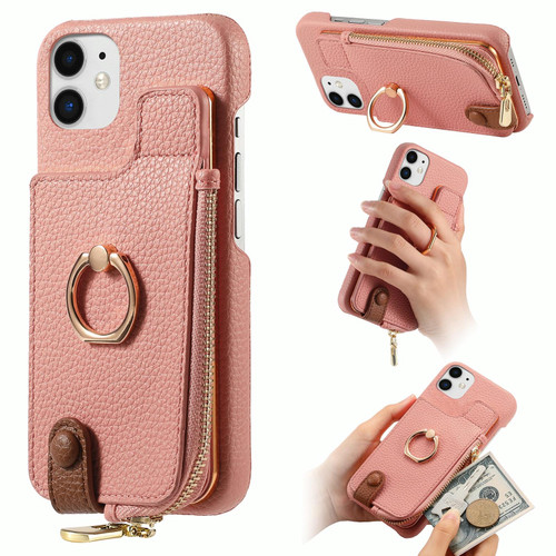 For iPhone 12 Litchi Leather Oil Edge Ring Zipper Wallet Back Phone Case(Pink)