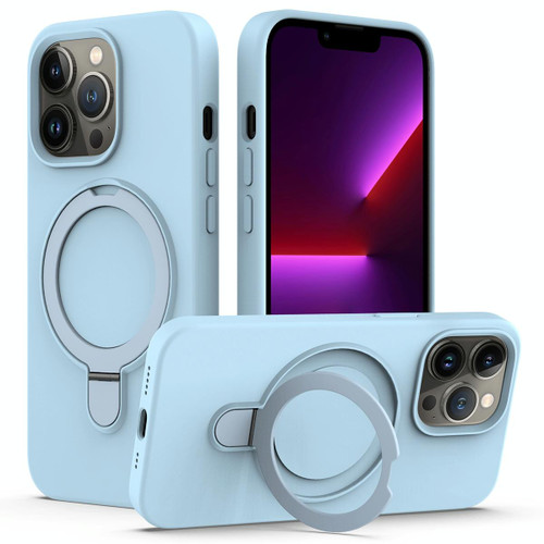 For iPhone 13 Pro MagSafe Magnetic Liquid Silicone Phone Case with Ring Holder(Sky Blue)