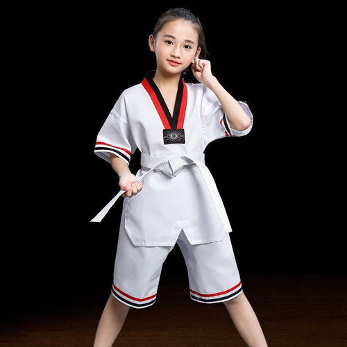 Child Adult Cotton Men And Women Taekwondo Clothing Training Uniforms, Size: 160(Striped Short Sleeves)