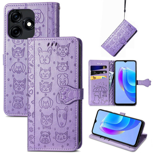 For Tecno Spark 20C / GO 2024 Cat and Dog Embossed Leather Phone Case(Purple)