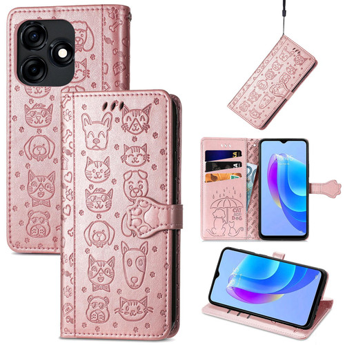 For Tecno Spark 8P Cat and Dog Embossed Leather Phone Case(Rose Gold)