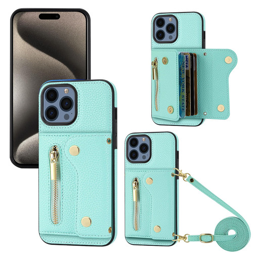 For iPhone 15 Pro DF-09 Crossbody Litchi texture Card Bag Design PU Phone Case(Cyan)