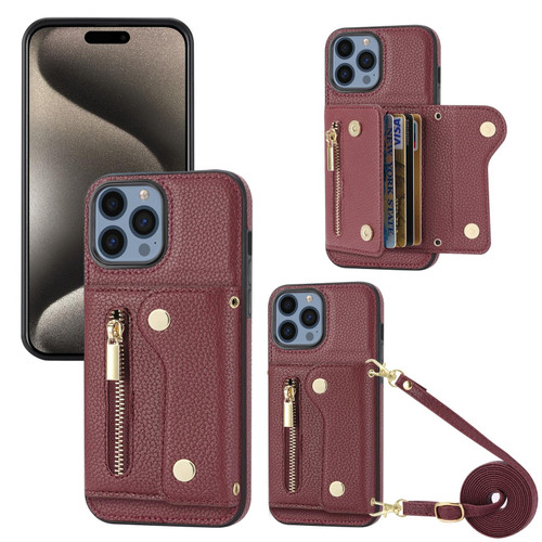 For iPhone 15 Pro Max DF-09 Crossbody Litchi texture Card Bag Design PU Phone Case(Wine Red)