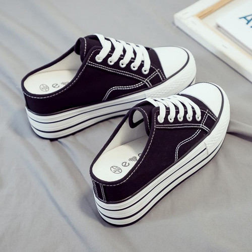 Women Thick-Soled Inner Heightened Semi-Slipper Canvas Shoes Lazy One-Legged Platform Shoes, Size: 36(Black)