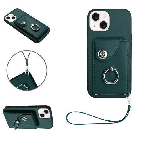 For iPhone 13 mini Organ Card Bag Ring Holder PU Phone Case with Lanyard(Green)