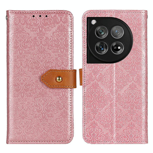 For OnePlus 12 European Floral Embossed Flip Leather Phone Case(Pink)