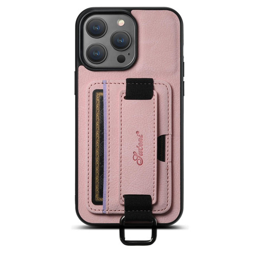 For iPhone 14 Plus Suteni H13 Litchi Leather Wrist Strap Wallet Back Phone Case(Pink)