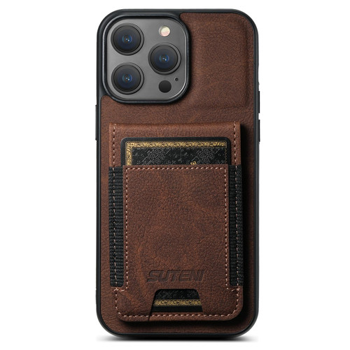 For iPhone 14 Pro Max Suteni H03 Litchi Leather Card Bag Stand Back Phone Case(Brown)