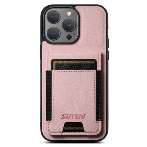 For iPhone 15 Plus Suteni H03 Litchi Leather Card Bag Stand Back Phone Case(Pink)