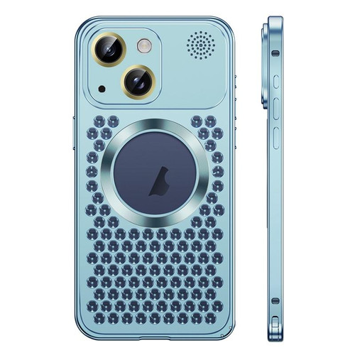 For iPhone 14 Plus Spring Buckle MagSafe Magnetic Metal Aromatherapy Phone Case(Blue)