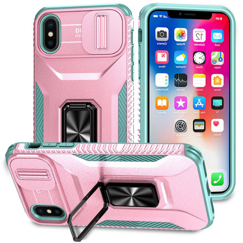 For iPhone XR Sliding Camshield Holder Phone Case(Pink + Grey Green)