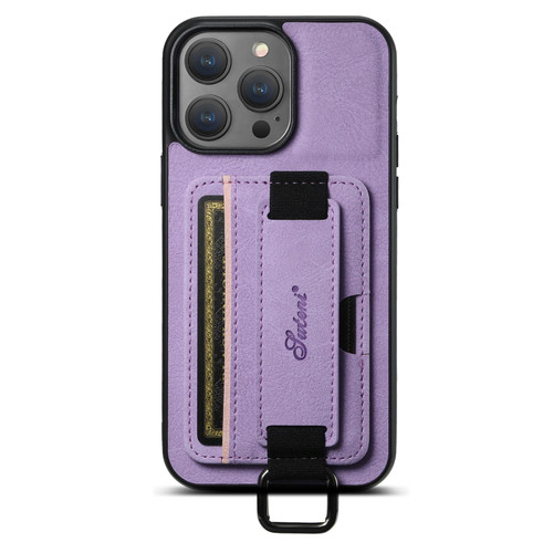 For iPhone 14 Pro Max Suteni H13 Litchi Leather Wrist Strap Wallet Back Phone Case(Purple)