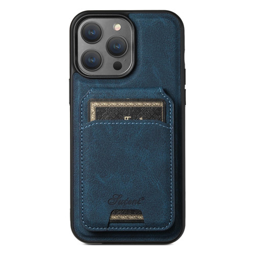 For iPhone 15 Pro Suteni H17 Litchi Texture Leather MagSafe Detachable Wallet Phone Case(Blue)
