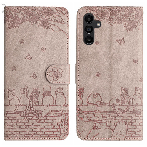 For Samsung Galaxy A35 Cat Embossing Pattern Leather Phone Case with Lanyard(Grey)
