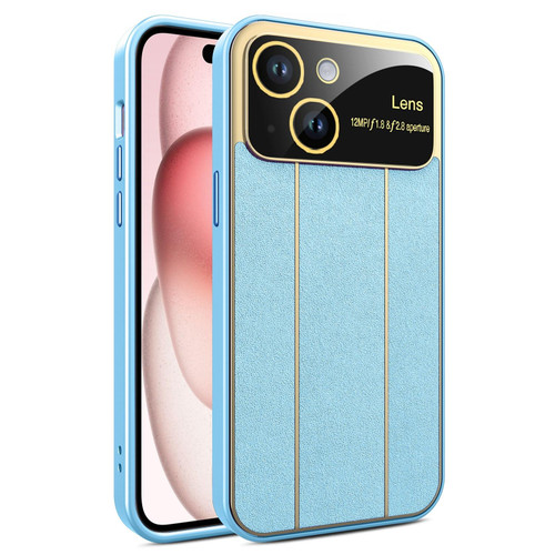 For iPhone 15 Electroplating Litchi Grain Large Window Phone Case(Blue)