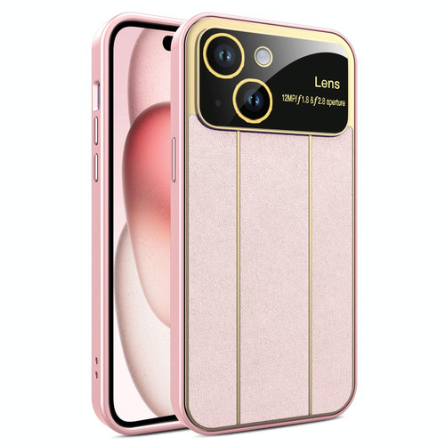 For iPhone 15 Plus Electroplating Litchi Grain Large Window Phone Case(Pink)