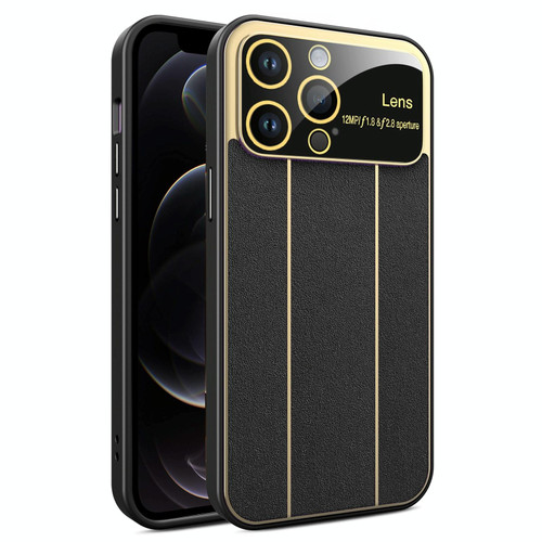 For iPhone 12 Pro Electroplating Litchi Grain Large Window Phone Case(Black)