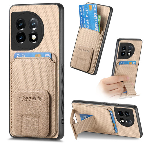 For OnePlus Nord CE3 Lite Carbon Fiber Card Bag Fold Stand Phone Case(Khaki)